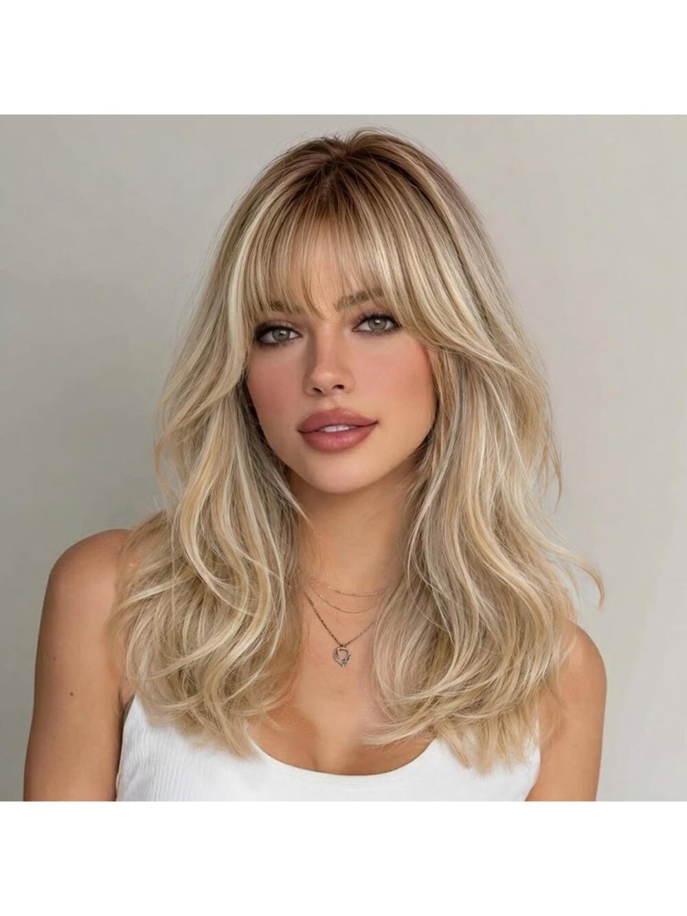 Women's Ombre Blonde Natural Layered Wig Fashion Synthetic Curly Wavy with Bangs